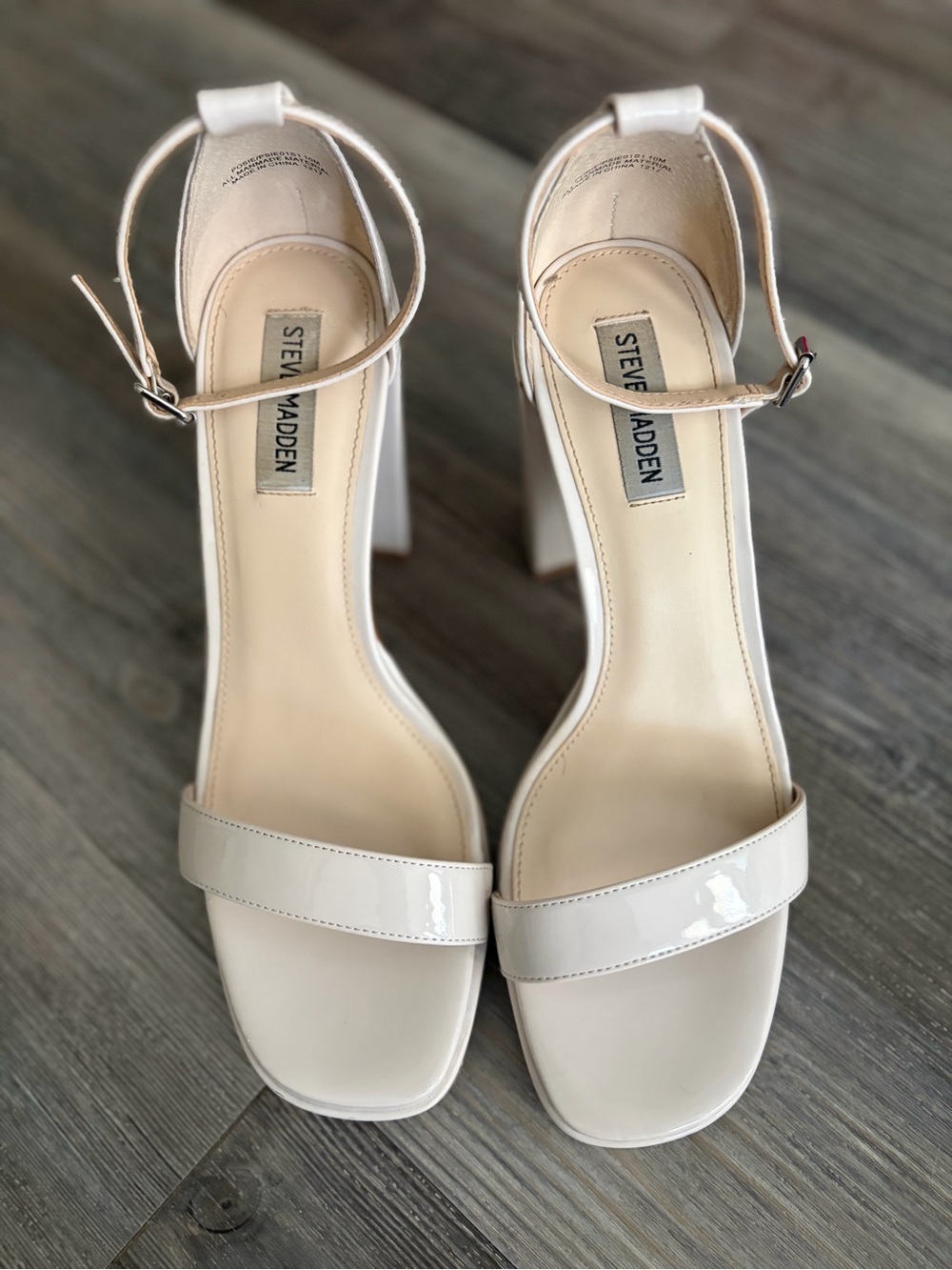 Steve Madden Cream Patent Ankle-Strap Block Heels